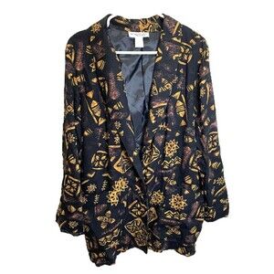 Kensington Square Vintage Patterned Blazer 90s USA Black Gold Women Petite L​